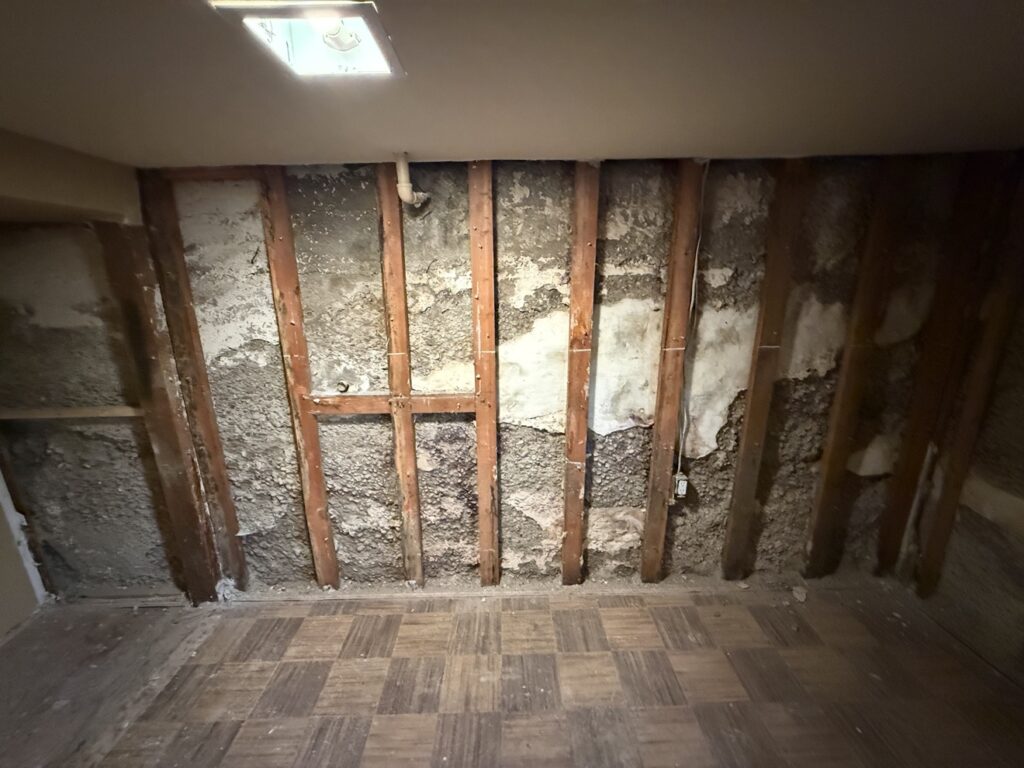 Limewash feature wall in a Calgary home, before — bare studs